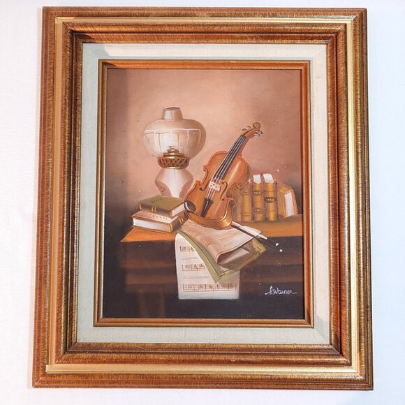 Original Oil on Canvas Framed Painting of Violin & Music by A. Warner